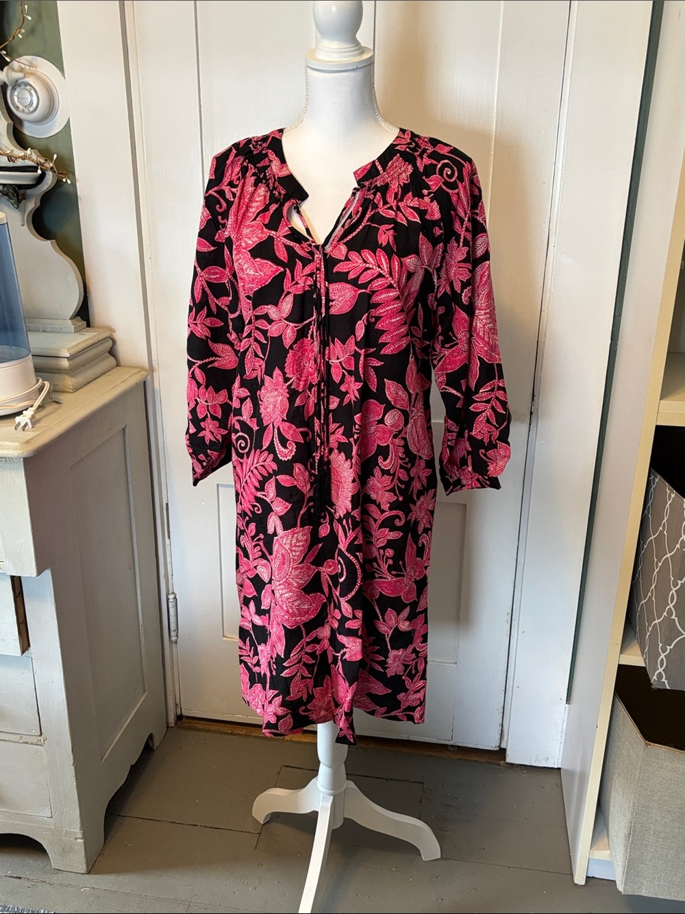 Johnny Was Workshop Black Dress with Hot Pink Floral Design